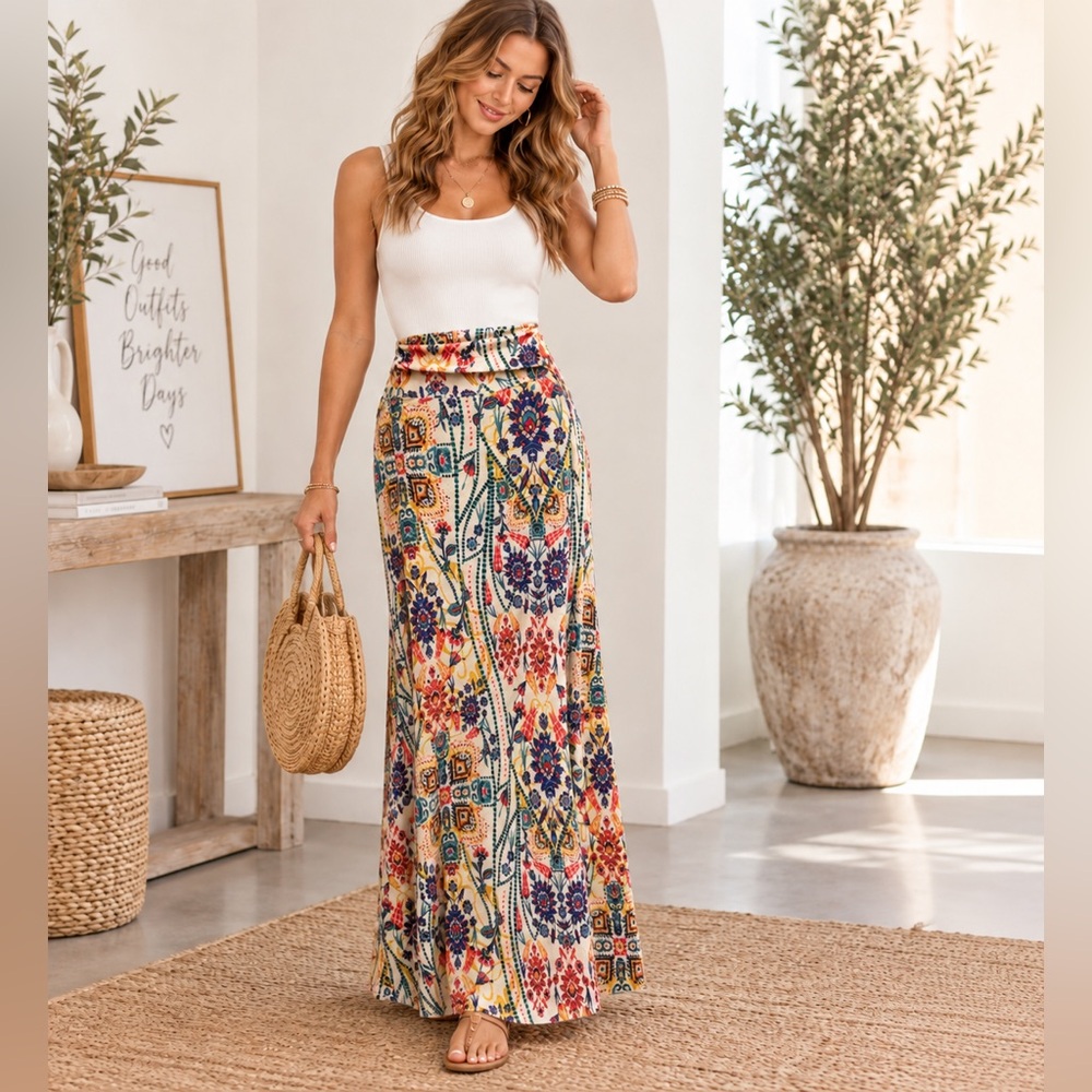 DNA couture Cream vibrant floral and geometric inspired boho Maxi Skirt